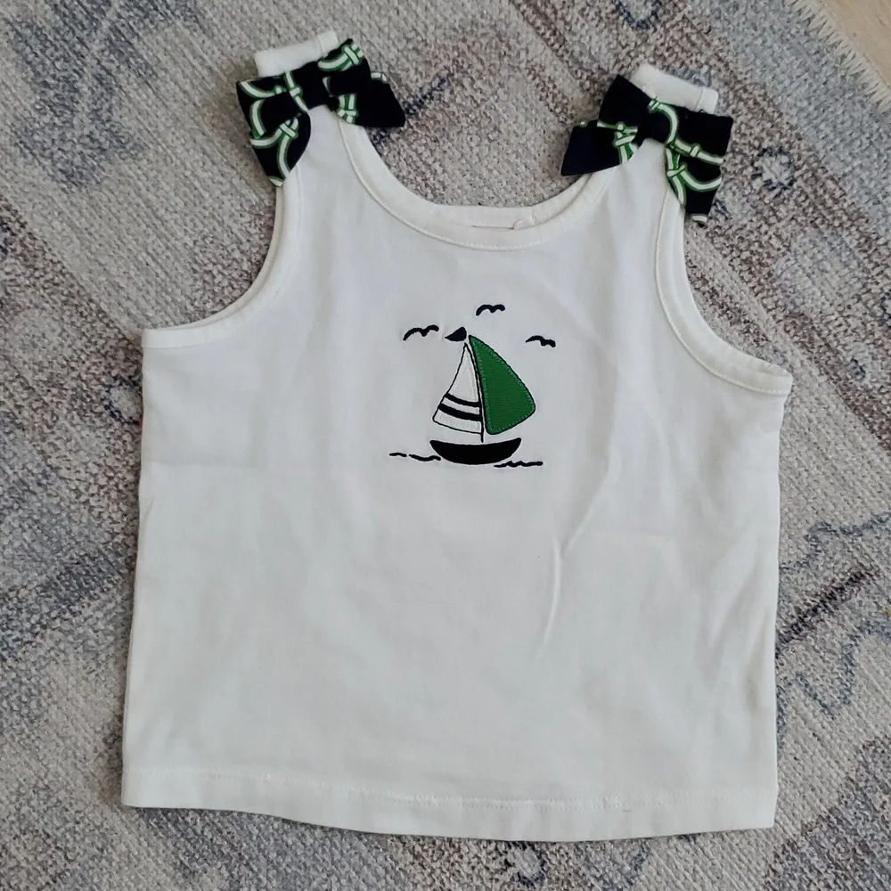 Janie and Jack Baby Girls 2 Piece Sailboat Green Blue Bow Outfit Sz12-18m